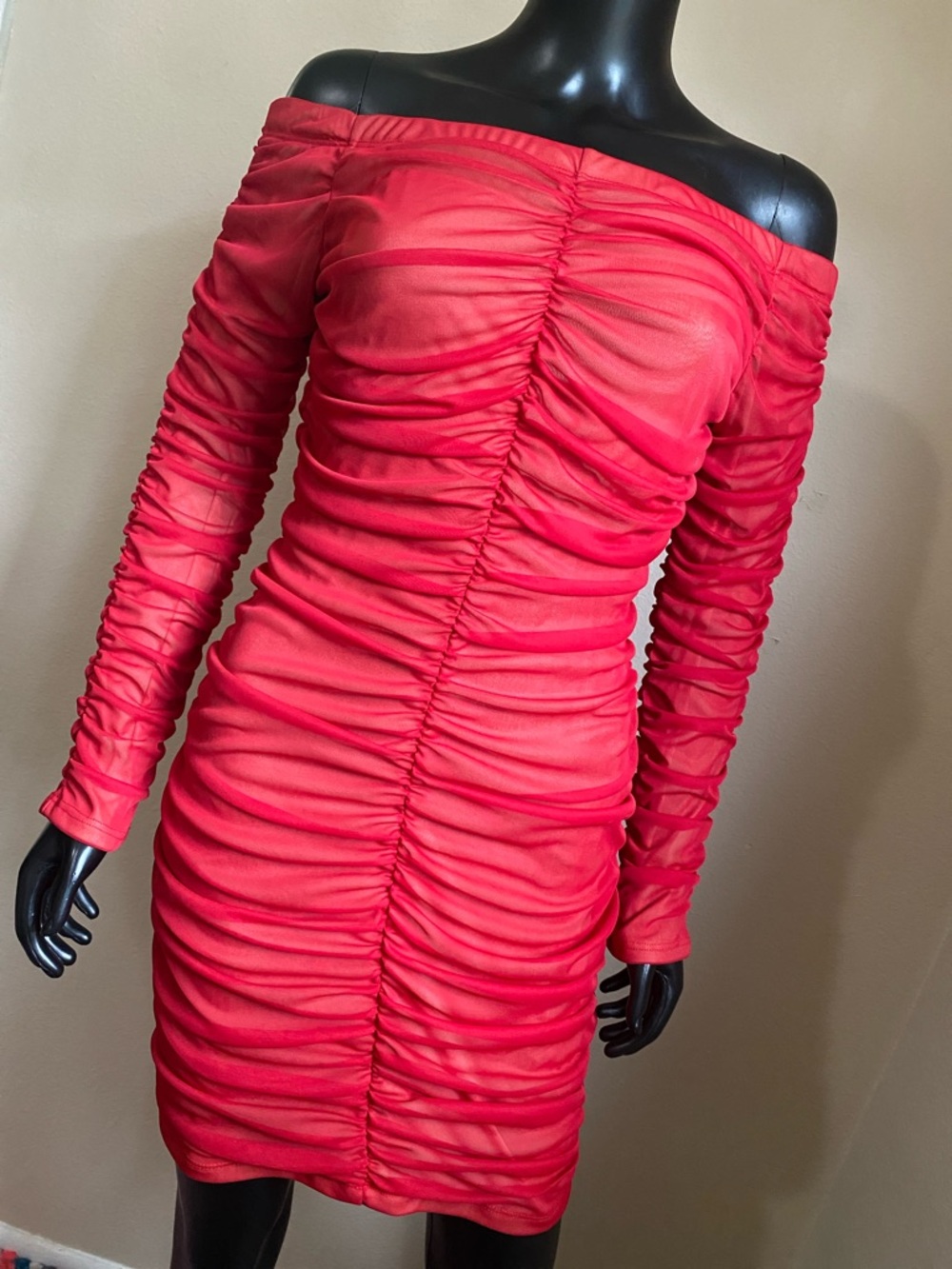 Va Va Voom Red Ruched Mesh Midi Dress